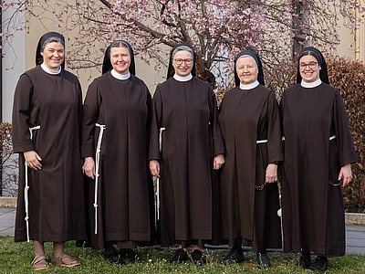 Foto mit fünf Ordensfrauen der Elisabethinen stehend nebeneinander vor einem blühenden Baum