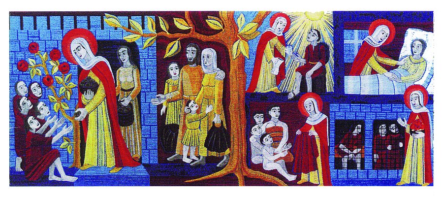 Wandteppich, der die Werke der Barmherzigkeit der Hl. Elisabeth zeigt